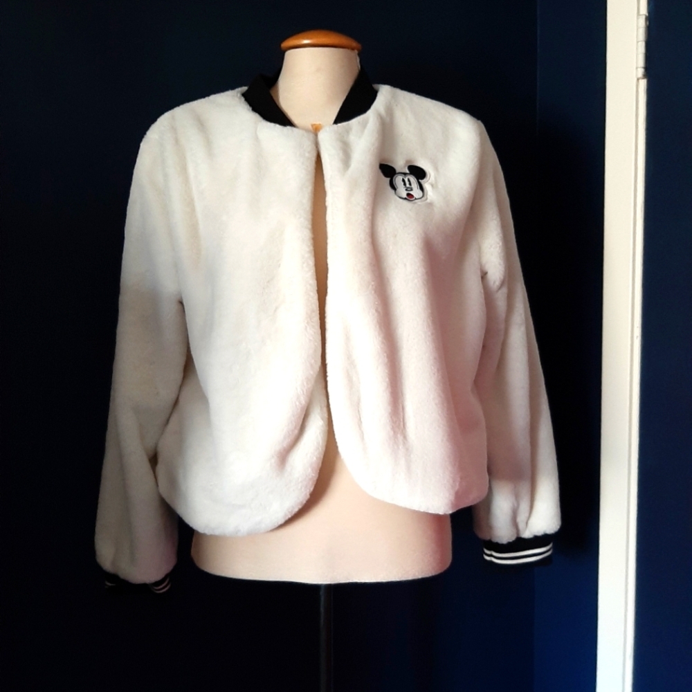 Disney mickey faux fur white bomber large